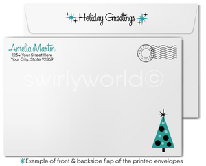 Chic Mid-Century Modern "Happy Holidays" Card with Bold Snowflakes and Geometric Swirl
