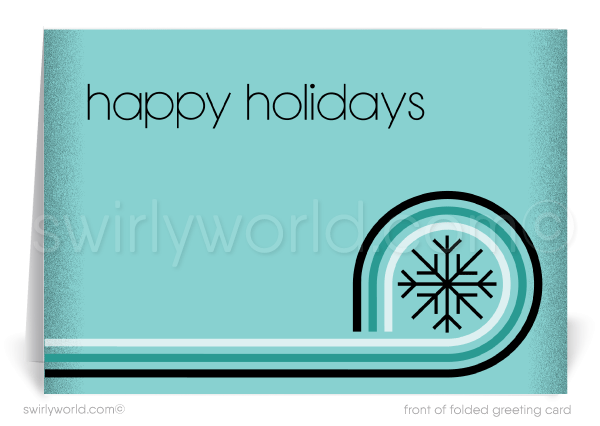 Swirly World offers a stylish "Happy Holidays" card in cool blue, featuring mid-century modern graphics with bold snowflakes and a geometric swirl for a chic holiday touch.