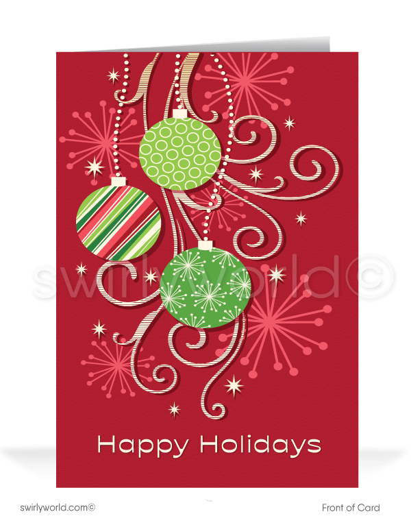 Retro mid-century modern atomic style ornaments on Christmas tree with starbursts red printed holiday cards.