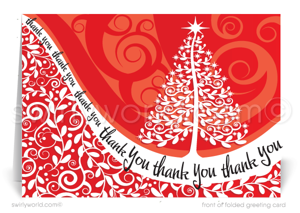 Contemporary Red Retro Modern Thank You Holiday Christmas Cards for Customers