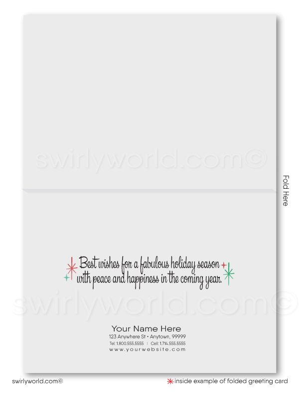 Swirly World’s vintage Christmas card design captures 1950s charm with atomic boomerangs, mid-mod motifs, and authentic retro typography for a nostalgic holiday feel.