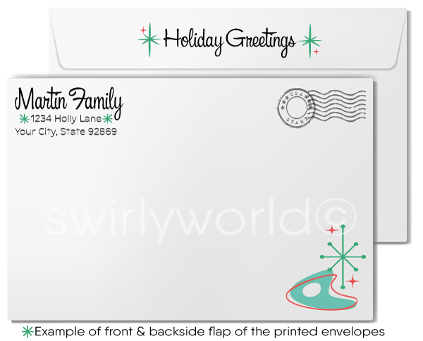 Retro Starburst Atomic Sputnik Boomerang Mid-Century Mod Christmas Holiday Cards