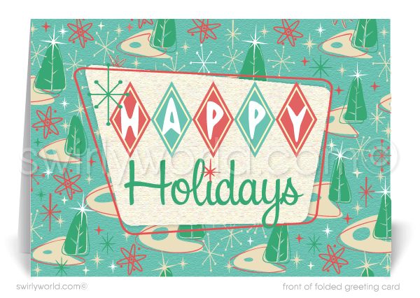 Retro Pink and Blue Fifties 1950s Mid-Century Style Boomerang Christmas Holiday Cards.