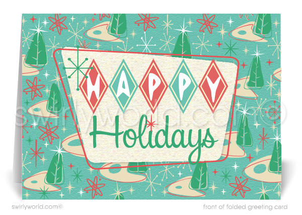 Swirly World’s vintage Christmas card design captures 1950s charm with atomic boomerangs, mid-mod motifs, and authentic retro typography for a nostalgic holiday feel.