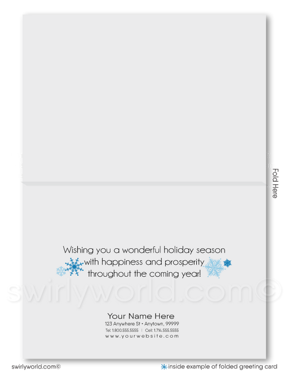 Retro Contemporary Whimsical Blue Snowflake Tree Christmas Holiday Cards for Business Professionals.