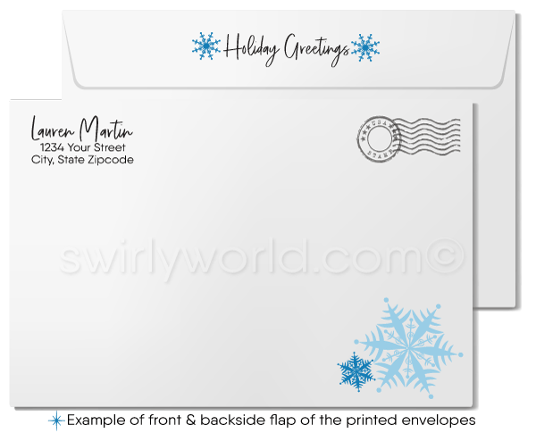 Retro Contemporary Whimsical Blue Snowflake Tree Christmas Holiday Cards for Business Professionals