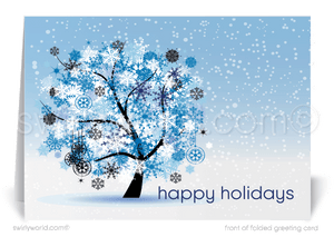 Retro Contemporary Whimsical Blue Snowflake Tree Christmas Holiday Cards for Business Professionals.