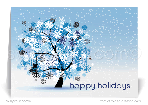 Retro Contemporary Whimsical Blue Snowflake Tree Christmas Holiday Cards for Business Professionals.