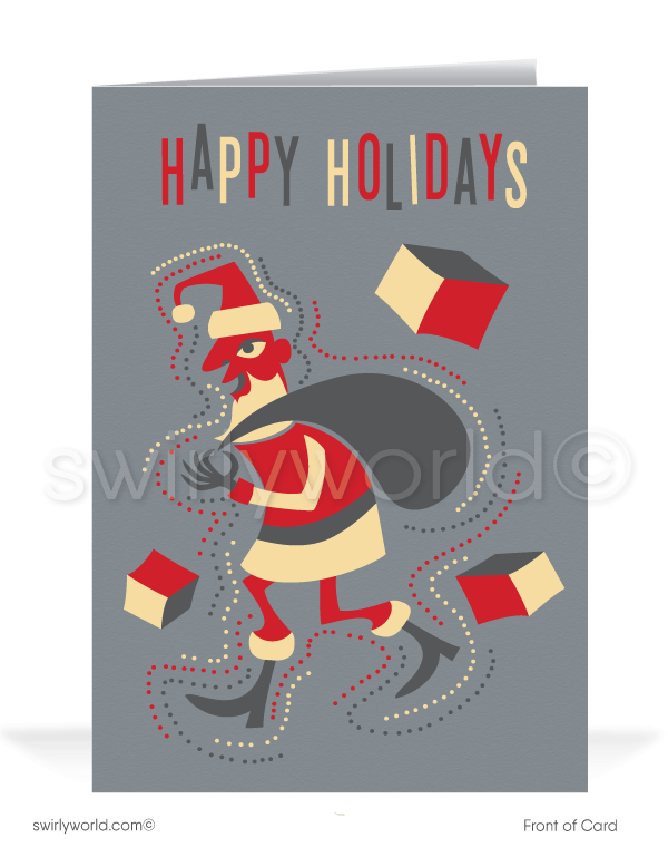 Celebrate the season with our vintage mid-century "Season's Greetings" card featuring a retro atomic Santa in bold geometric design. Customizable and premium quality!