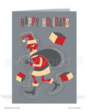 Celebrate the season with our vintage mid-century "Season's Greetings" card featuring a retro atomic Santa in bold geometric design. Customizable and premium quality!