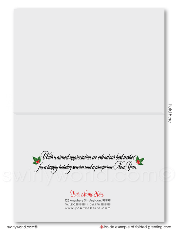 Traditional Holly Logo Business Happy Holiday Greeting Cards for Customers