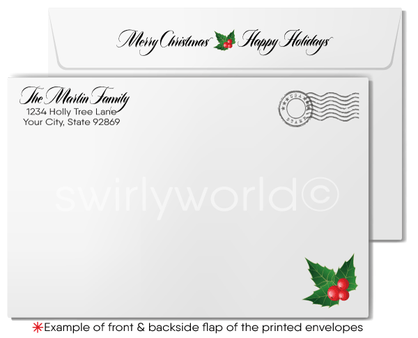 Traditional Holly Logo Business Happy Holiday Greeting Cards for Customers