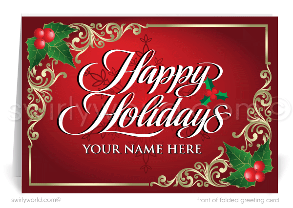 Traditional Holly Logo Business Happy Holiday Greeting Cards for Customers