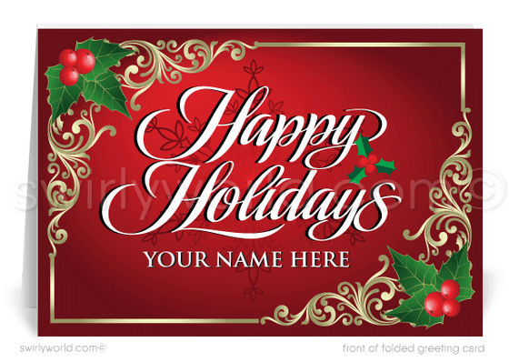 Traditional Holly Logo Business Happy Holiday Greeting Cards for Customers