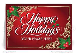 Traditional Holly Logo Business Happy Holiday Greeting Cards for Customers
