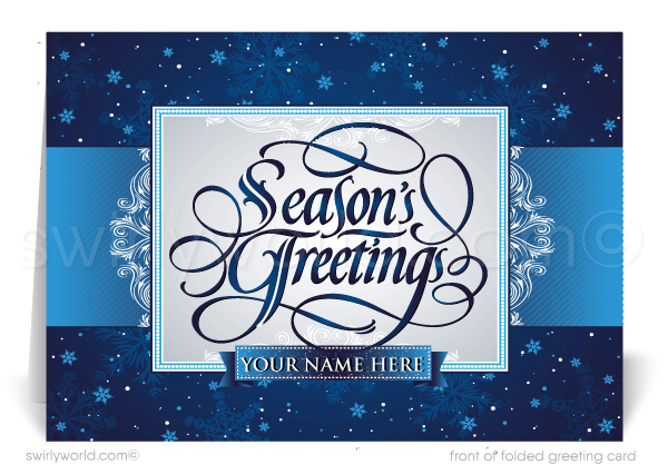 Contemporary Retro Modern Blue Business Happy Holidays Cards.