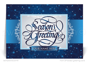 Contemporary Retro Modern Blue Business Happy Holidays Cards.