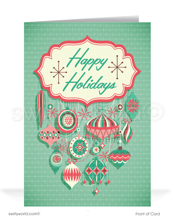 1960s pink and aqua blue Scandinavian retro Christmas ornaments MCM atomic mid-century modern holiday cards.