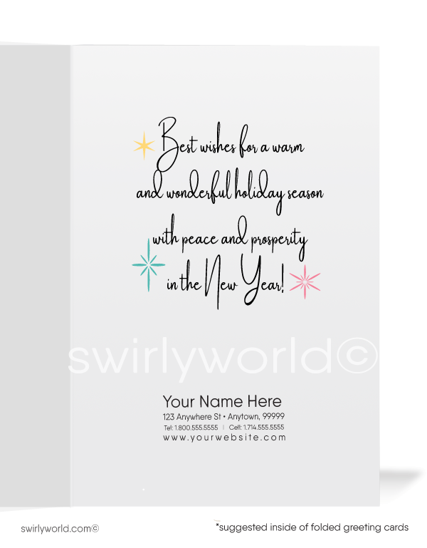 1960s style atomic retro mid-century modern Scandinavian style MCM Christmas tree holiday greeting cards.