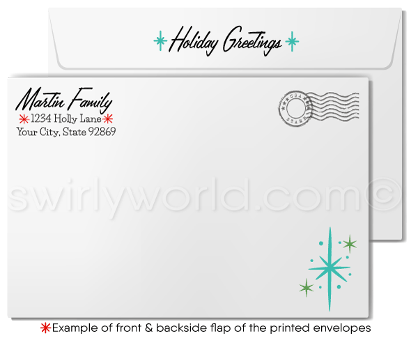 Customizable 1950s-1960s Retro Christmas Card with Eames-Style Candles and Atomic Starbursts