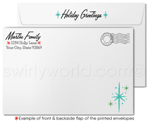 Customizable 1950s-1960s Retro Christmas Card with Eames-Style Candles and Atomic Starbursts