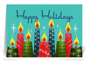 Groovy 1960's style candles, featuring Eames era patterns adorned by atomic starbursts, create a uniquely retro Christmas holiday card.