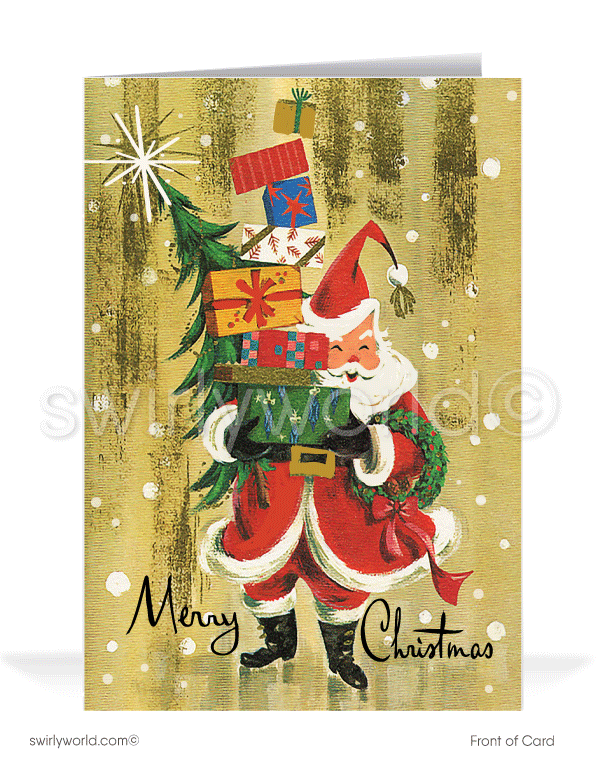 1950s Mid-Century Modern Vintage Old Fashioned Santa Claus Merry Christmas Holiday Cards