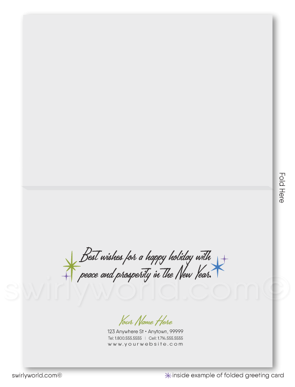 Mid-century modern, 1940s-1950s retro vintage Christmas holiday greeting cards featuring townspeople at a Christmas tree lot picking out a tree. 