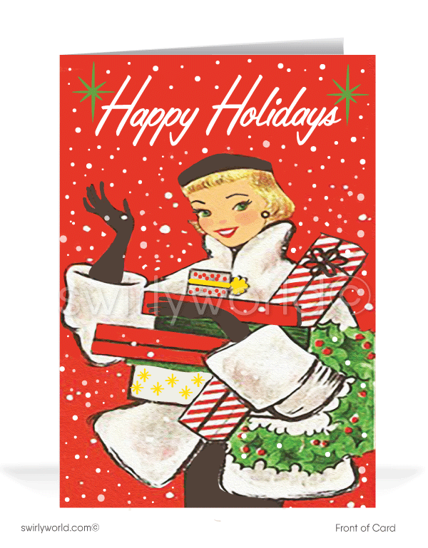1950's Retro Mid-Century Modern Vintage Girl with Packages Merry Christmas Holiday Cards.