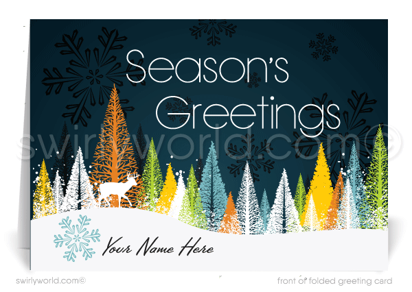 Retro Mid-Century Style Season's Greetings Snow-scene Winter Happy Holiday Cards