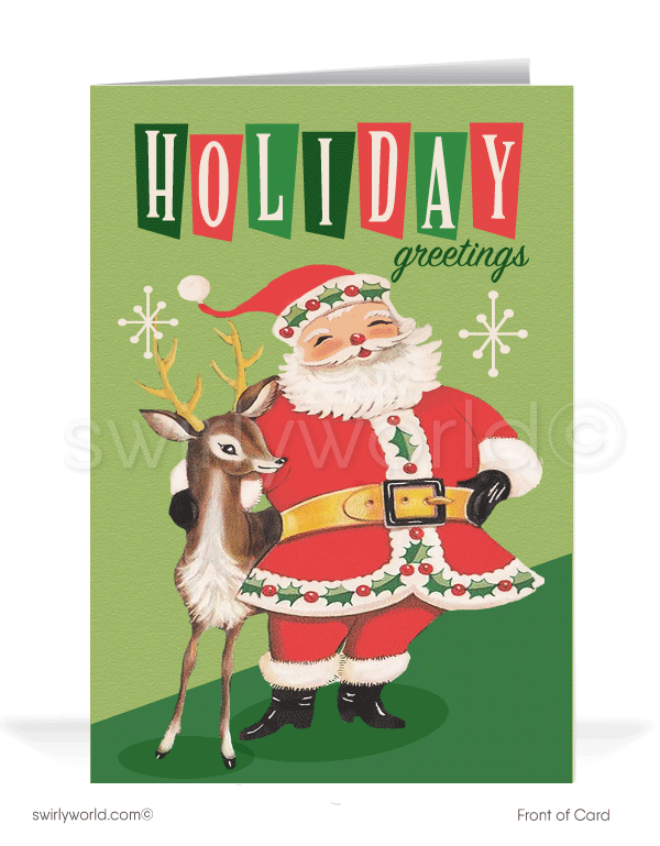 Send holiday cheer with our vintage Christmas card featuring 1950s Santa and reindeer. Customizable message, retro design, and premium matte stock for charm.