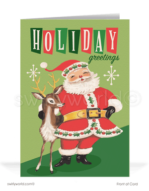 Send holiday cheer with our vintage Christmas card featuring 1950s Santa and reindeer. Customizable message, retro design, and premium matte stock for charm.
