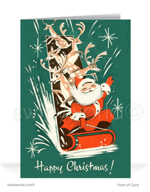 1950's Mid-Century Modern Vintage Old Fashioned Santa and Reindeer Christmas Cards