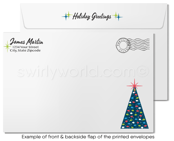Modern Retro Modern Blue Trees Happy Holidays Greeting Cards for Business