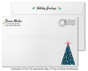 Modern Retro Modern Blue Trees Happy Holidays Greeting Cards for Business