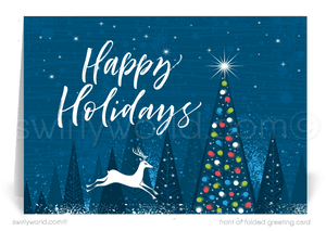 Modern Retro Modern Blue Trees Happy Holidays Greeting Cards for Business