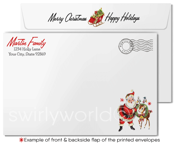 Vintage Christmas Card with Retro Kitsch Kitten, Milk Bottles, and Merry Christmas Typography on Red Door