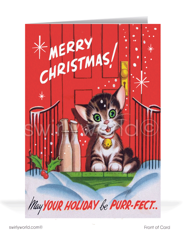 1950s retro mid-century vintage kitsch kitty cat Merry Christmas printed holiday cards.