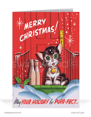 1950s retro mid-century vintage kitsch kitty cat Merry Christmas printed holiday cards.