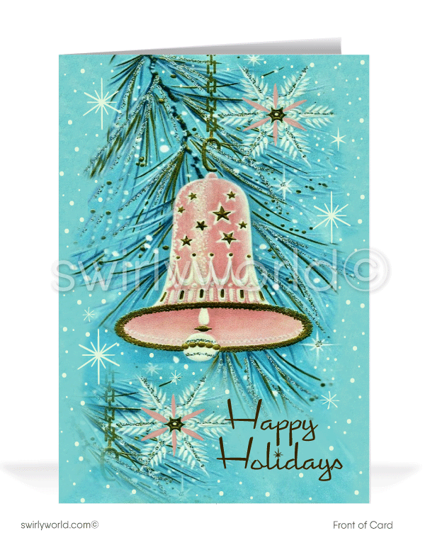 1950's atomic pink retro mid-century modern ornament Christmas holiday card.
