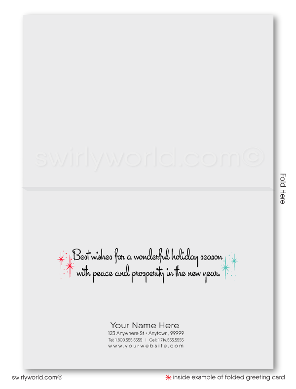 Swirly World Christmas Cards - Step into mid-century holiday charm with our Retro Atomic Modern Christmas cards, featuring an MCM living room with iconic Eames chairs, a retro fireplace, and a striking red aluminum tree. Customizable and crafted on premium cardstock, these cards bring nostalgic cheer to your holiday greetings.