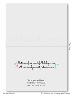 Customizable Retro Atomic Modern Christmas Card with Mid-Century Living Room and Vintage Red Tree