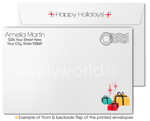 Customizable Retro Atomic Modern Christmas Card with Mid-Century Living Room and Vintage Red Tree