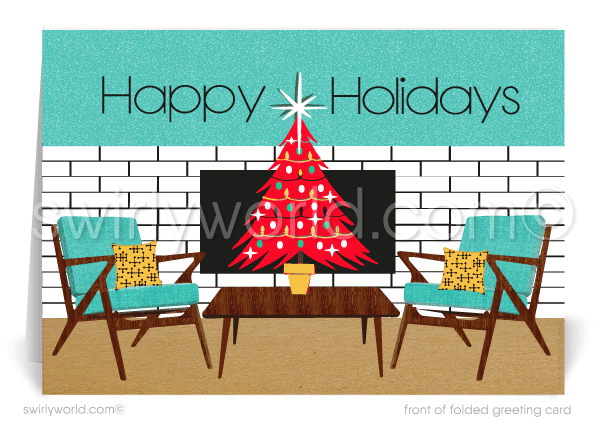 Swirly World Christmas Cards - Step into mid-century holiday charm with our Retro Atomic Modern Christmas cards, featuring an MCM living room with iconic Eames chairs, a retro fireplace, and a striking red aluminum tree. Customizable and crafted on premium cardstock, these cards bring nostalgic cheer to your holiday greetings.