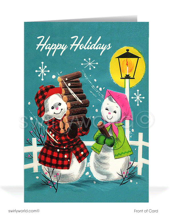 Retro 1960s style mid-century modern snowman couple Christmas holiday greeting cards.