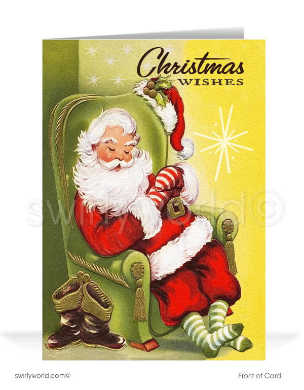 1950's retro mid-century vintage old fashioned Santa Claus Christmas holiday card.