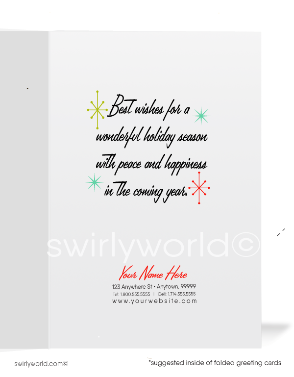 Send vintage holiday cheer with our mid-century Christmas card featuring 1960s atomic bell ornaments and starbursts. Customizable, premium-quality holiday greetings!