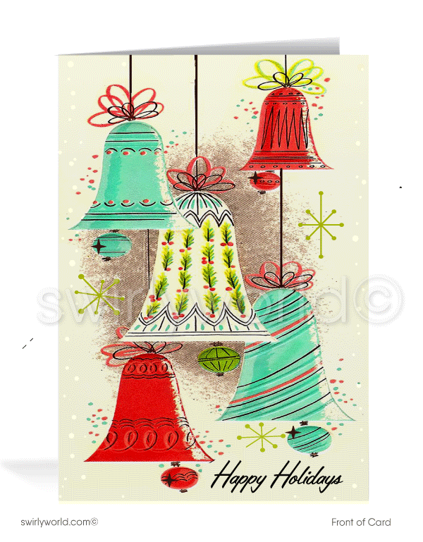 Retro 1950s atomic mid-century modern Merry Christmas holiday greeting cards.