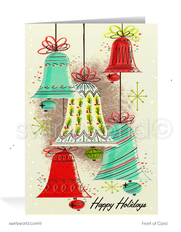 Send vintage holiday cheer with our mid-century Christmas card featuring 1960s atomic bell ornaments and starbursts. Customizable, premium-quality holiday greetings!