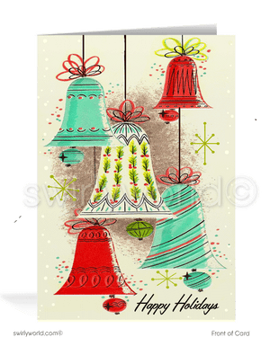 Send vintage holiday cheer with our mid-century Christmas card featuring 1960s atomic bell ornaments and starbursts. Customizable, premium-quality holiday greetings!